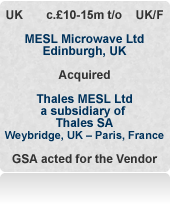 MESL Microwave (formerly Thales MESL) is an independent UK manufacturer of microwave components and sub-assemblies for global telecom and defence markets. Sold to private investors after an international auction.